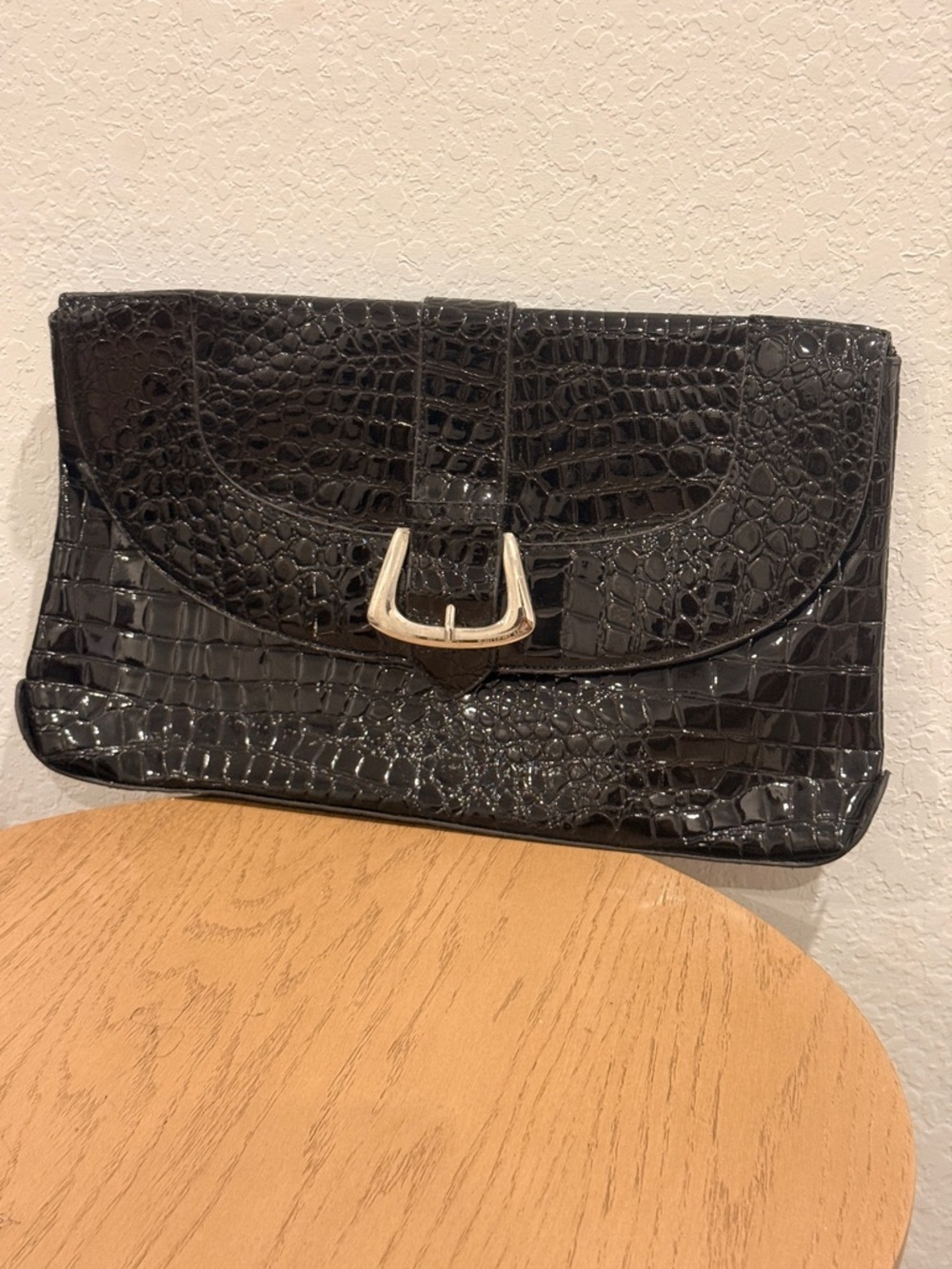 White‎ House Black Market Black Croc-Embossed Patent Clutch with Silver Buckle - Picture 1 of 6